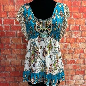 One World Boho Embroidered Top‎